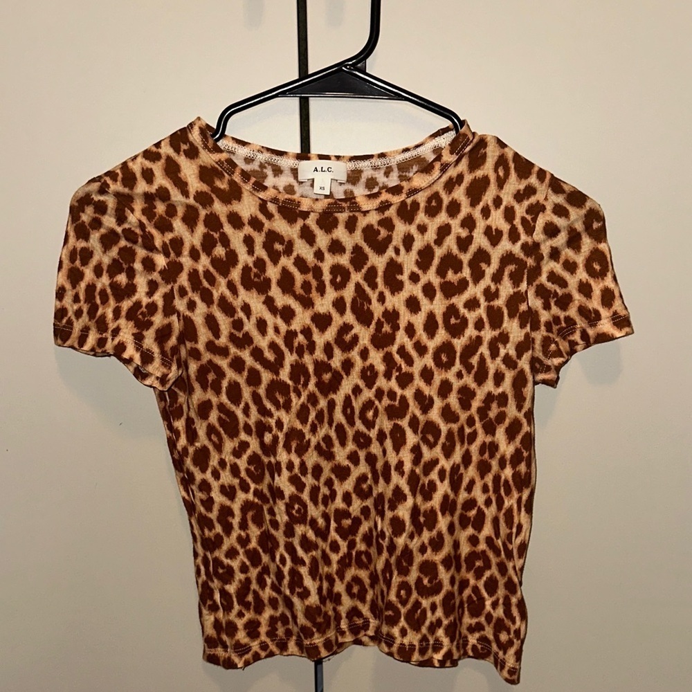 A.L.C. Tan Leopard Print Short Sleeve Cropped Top Size XS